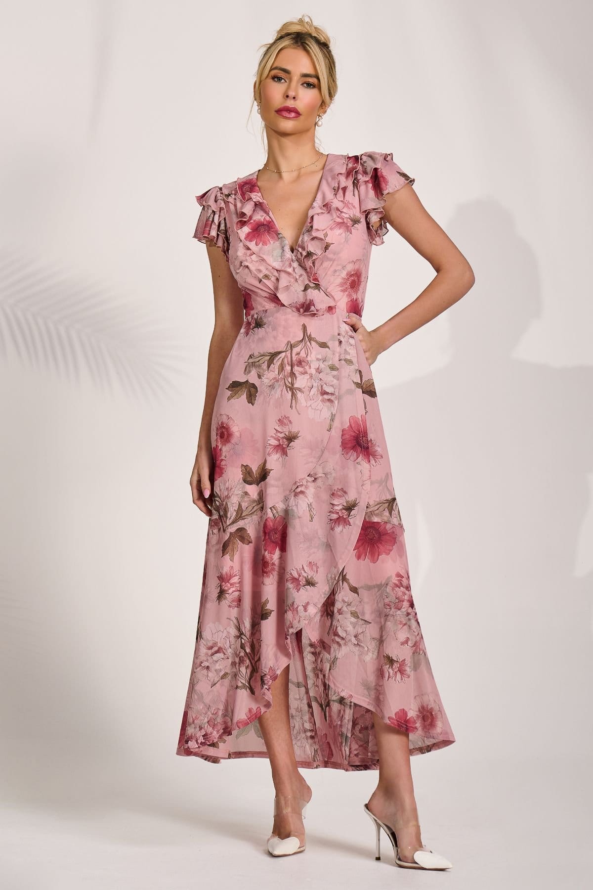 Jolie Moi Jolie Moi Women's Ruffled Mesh Maxi Dress in Pink - 4