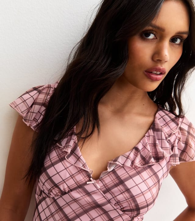 New Look Women's Pink Checked Frilly Trim Mesh Mini Dress New Look - 2