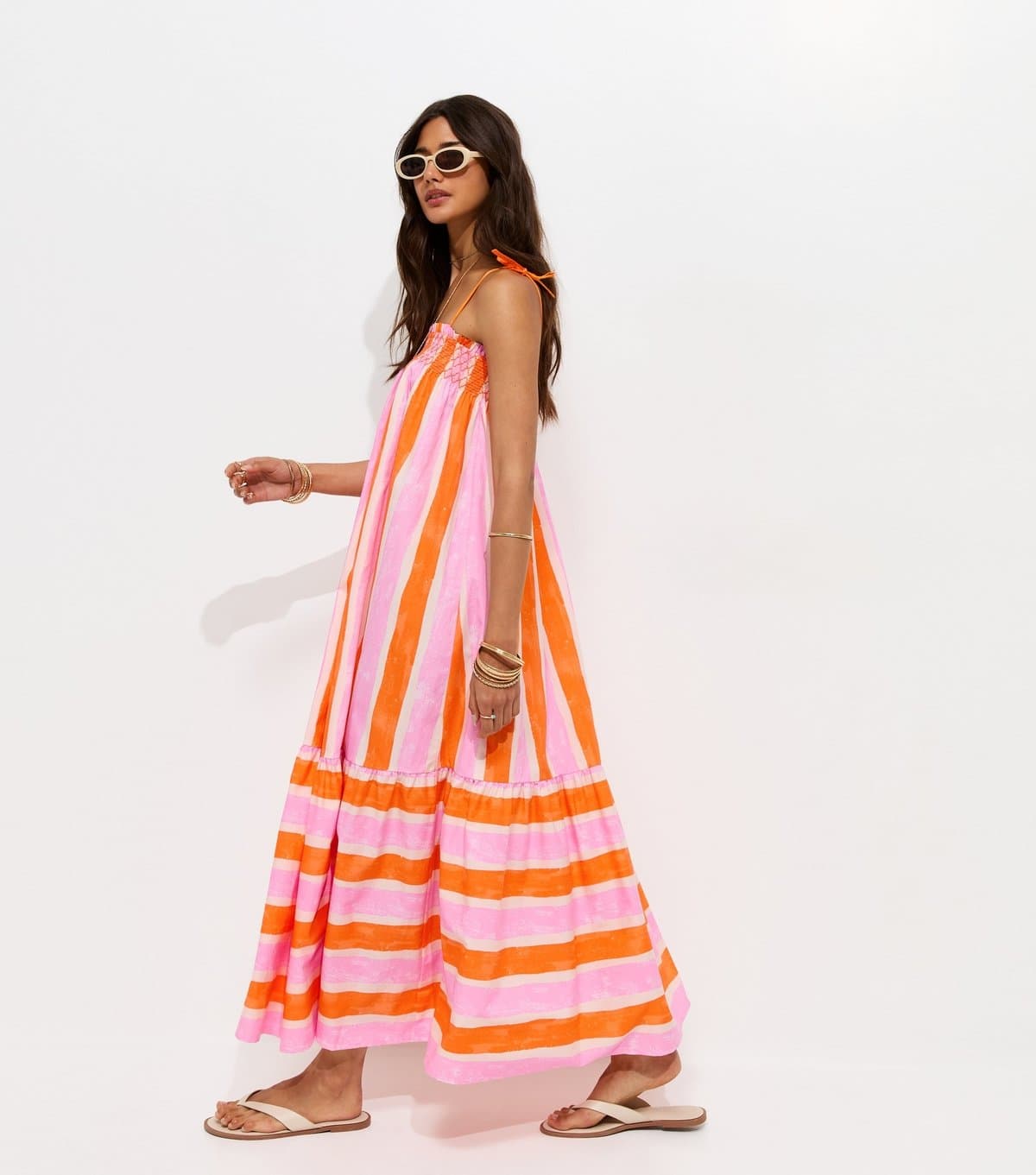 New Look Women's Orange Cotton Striped Tie Strap Midi Dress New Look