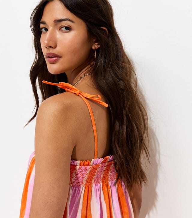 New Look Women's Orange Cotton Striped Tie Strap Midi Dress New Look - 2