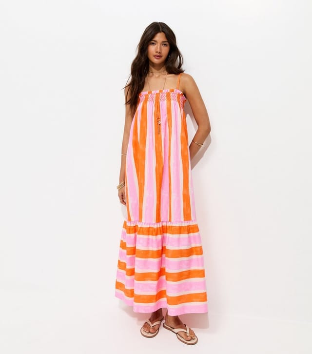 New Look Women's Orange Cotton Striped Tie Strap Midi Dress New Look - 3