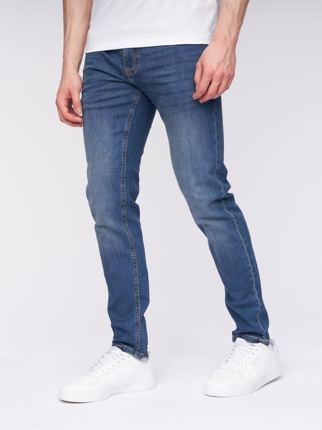 Henleys Henleys Mayhen Men's Skinny-Fit Stretch Denim Jeans with Signature Rubber Label Detail in Mid Blue - 2
