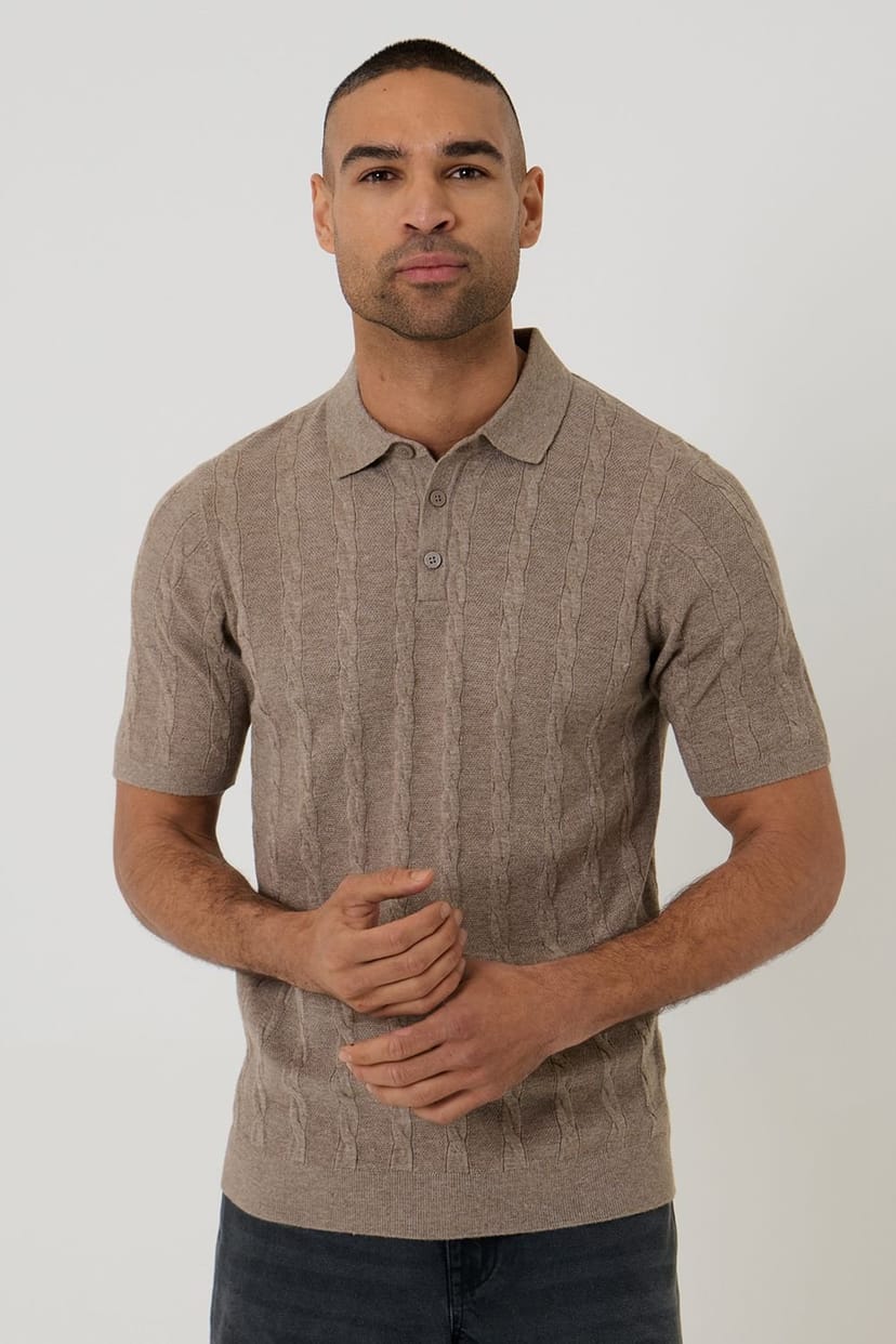 Threadbare Threadbare Men's Cable Stripe Knitted Button Polo in Taupe - 1