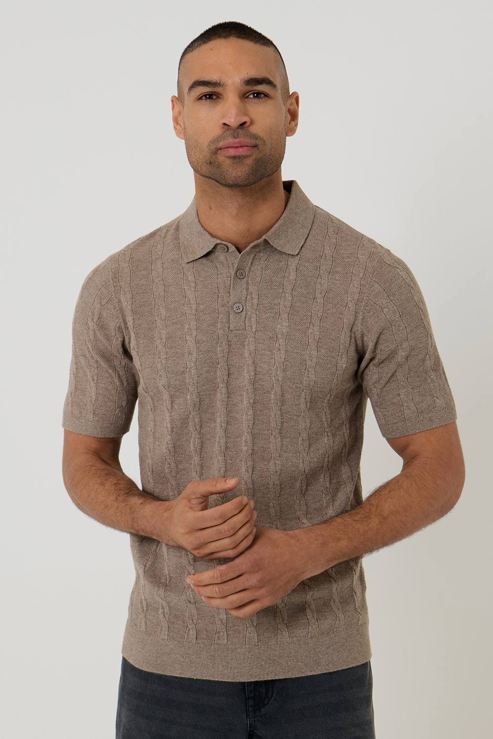 Threadbare Threadbare Men's Cable Stripe Knitted Button Polo in Taupe - 4