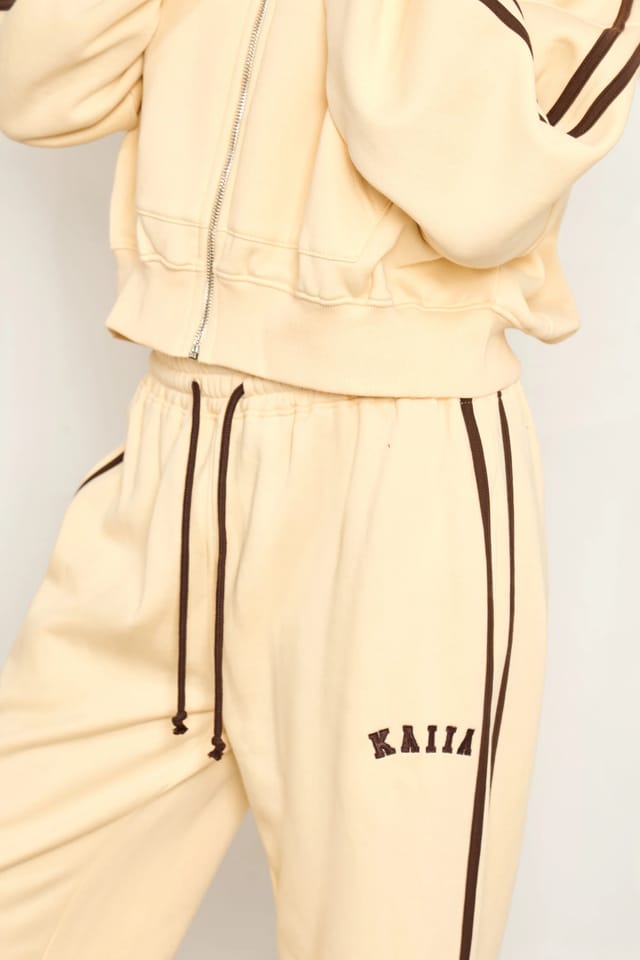Kaiia Kaiia Logo Side Stripe Wide Leg Joggers Butter Yellow & Brown - 2