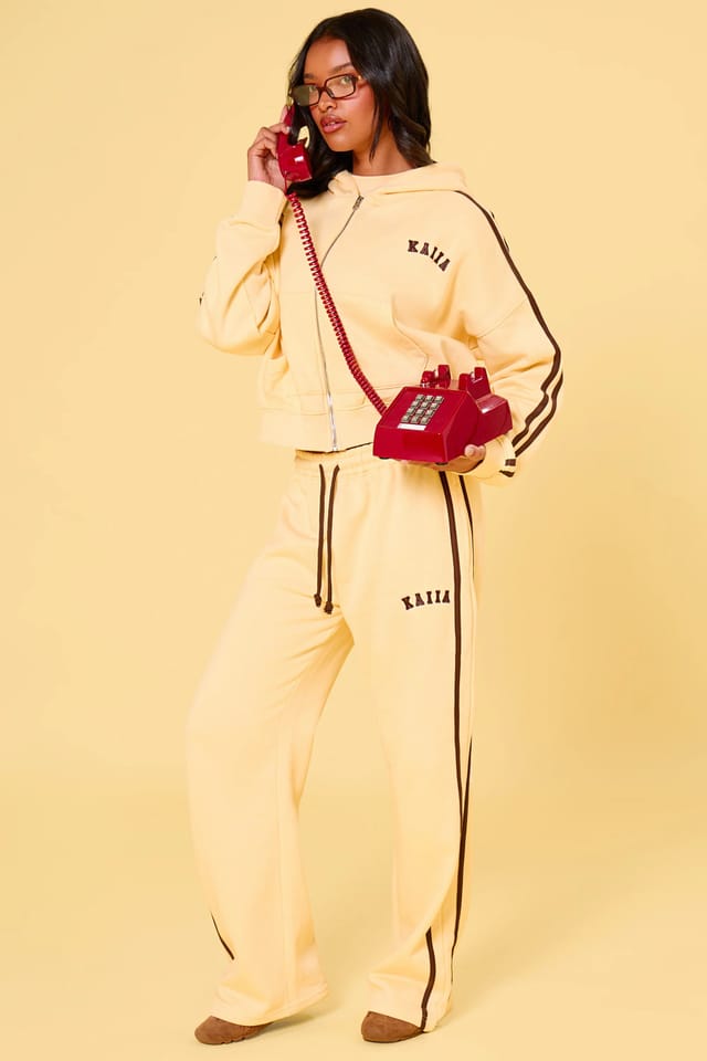 Kaiia Kaiia Logo Side Stripe Wide Leg Joggers Butter Yellow & Brown - 3