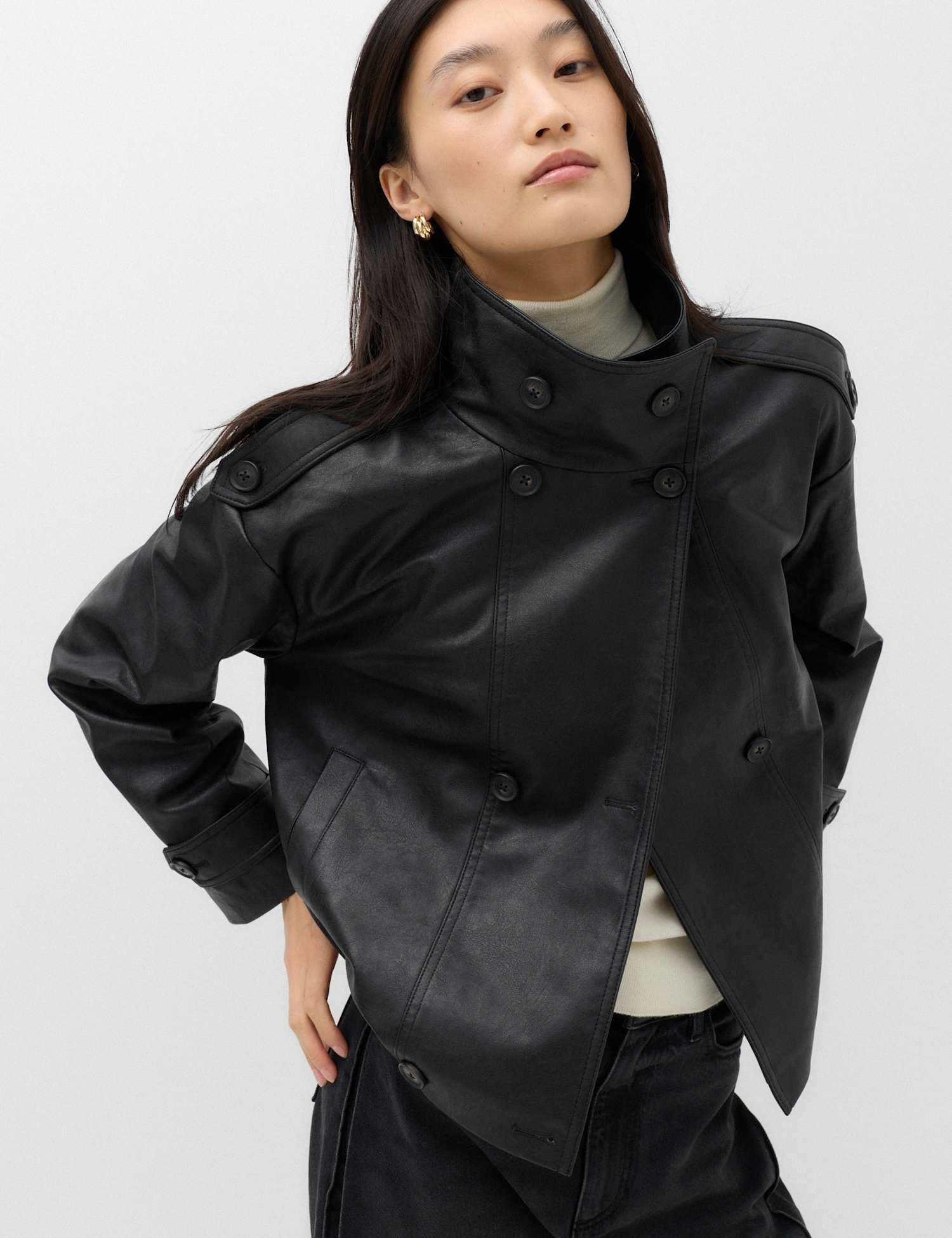 Marks & Spencer M&S Faux Leather Funnel Neck Biker Jacket Black