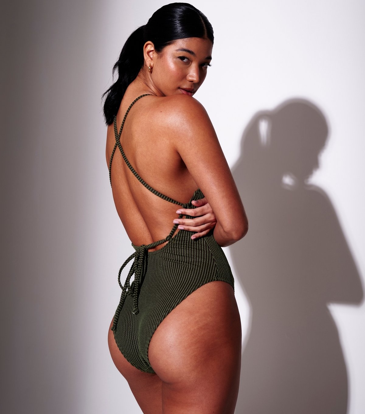 South Beach Women's Khaki Crinkle Racer Back Tummy Control Swimsuit South Beach New Look - 2