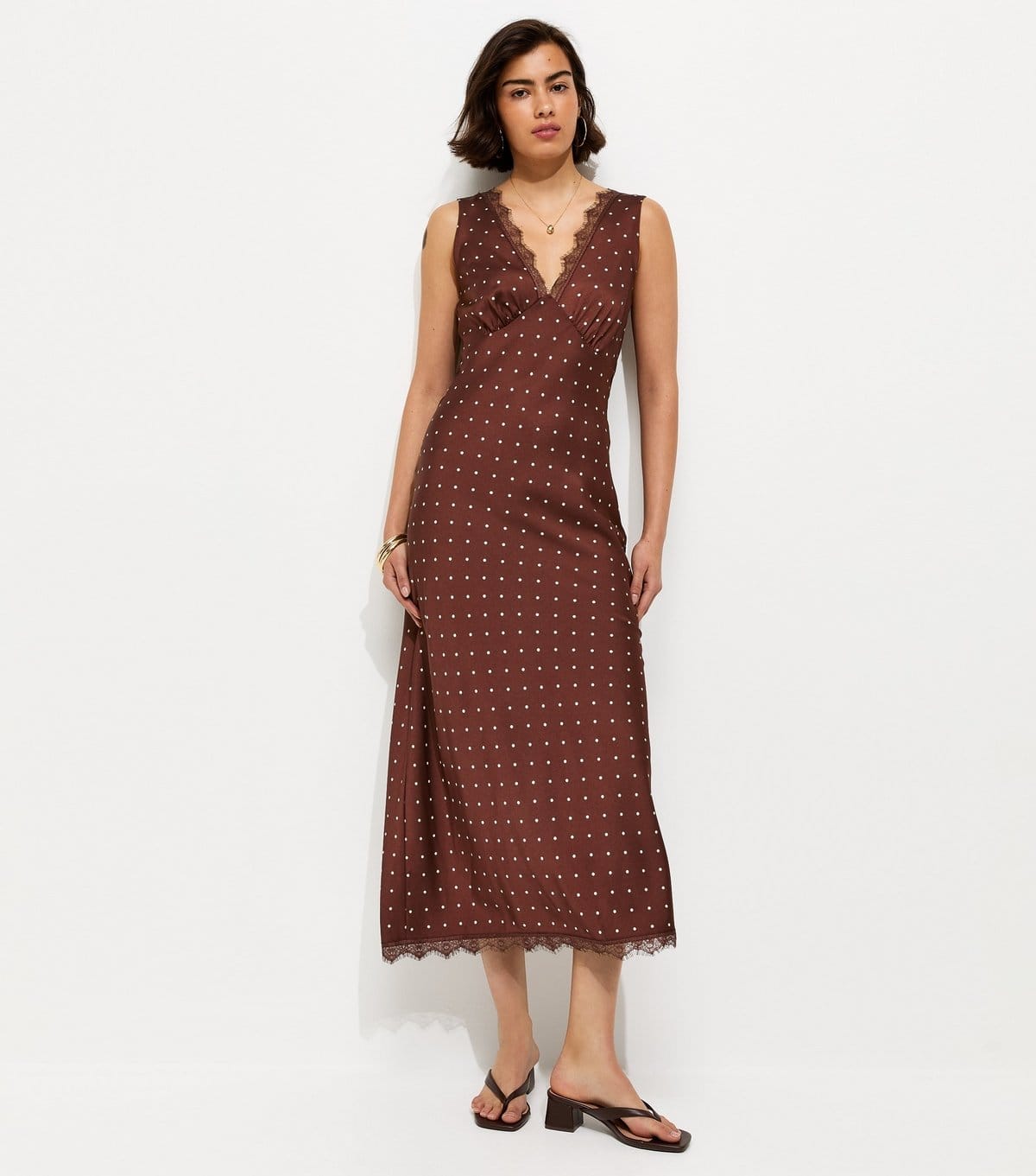 New Look Brown Polka Dot Satin Lace Trim Midi Dress