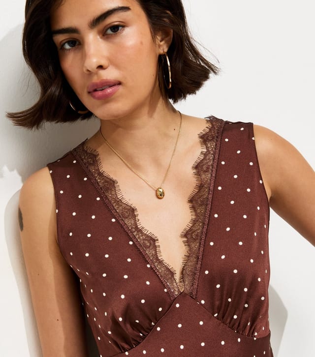 New Look Women's Brown Polka Dot Satin Lace Trim Midi Dress New Look - 2