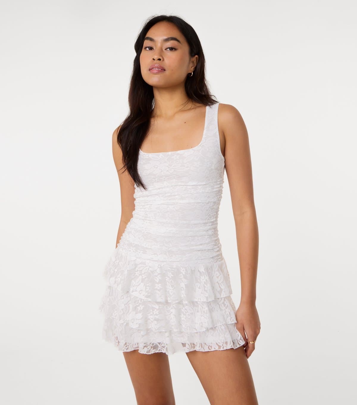 Pink Vanilla Women's Off White Lace Ruffle Mini Dress Pink Vanilla New Look