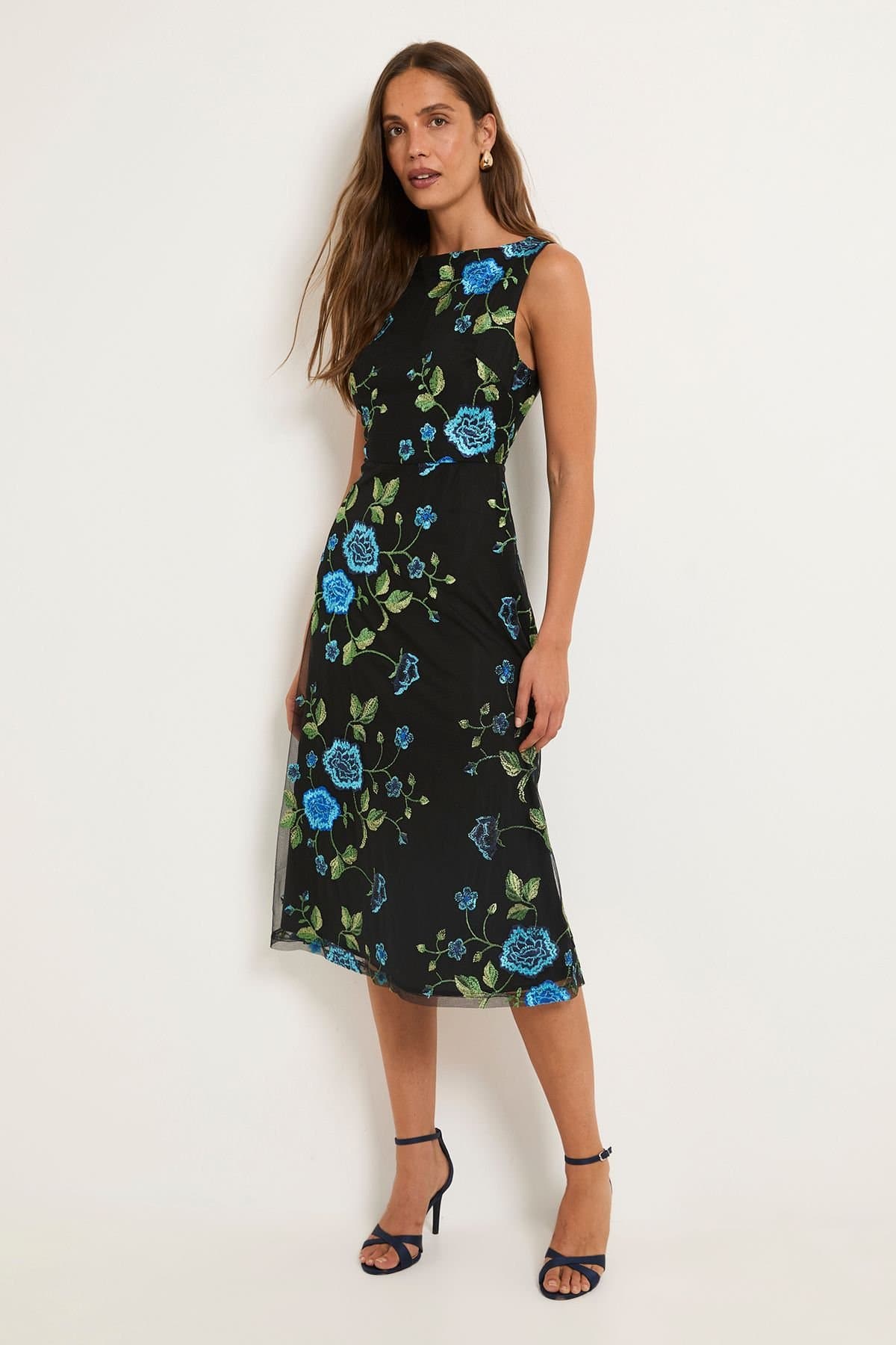 Wallis Wallis Women's Floral Embroidered Mesh Fit & Flare Midi Dress in Blue