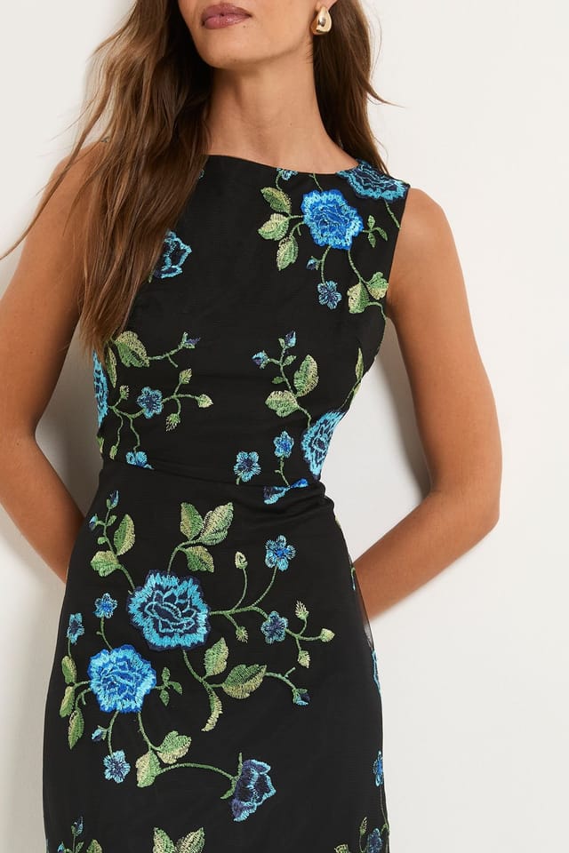 Wallis Wallis Women's Floral Embroidered Mesh Fit & Flare Midi Dress in Blue - 2
