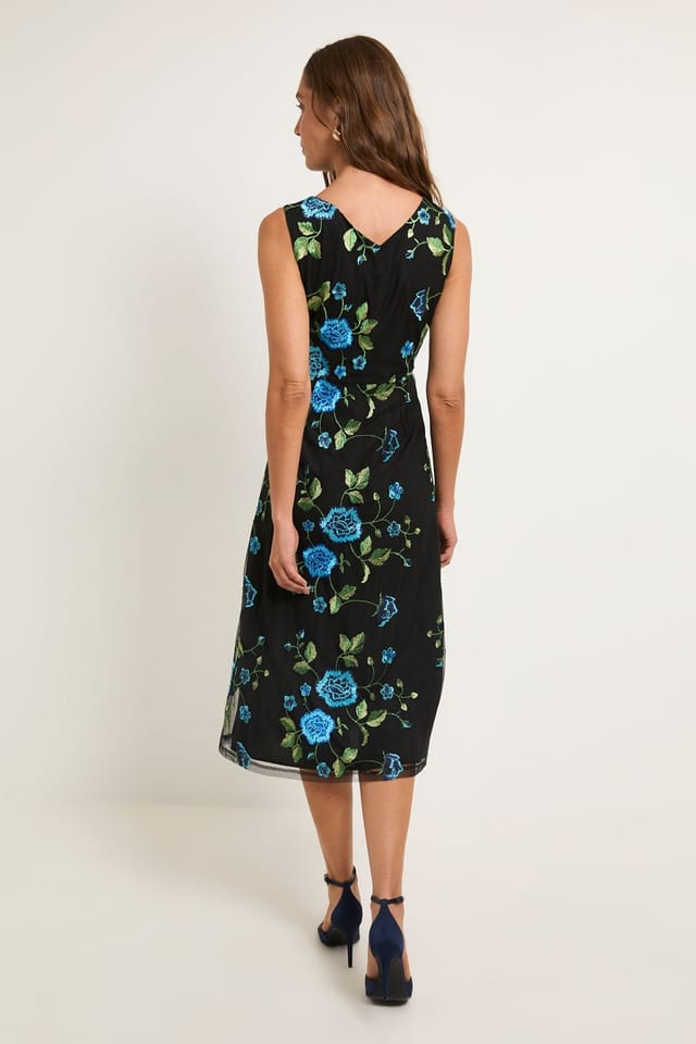 Wallis Wallis Women's Floral Embroidered Mesh Fit & Flare Midi Dress in Blue - 3