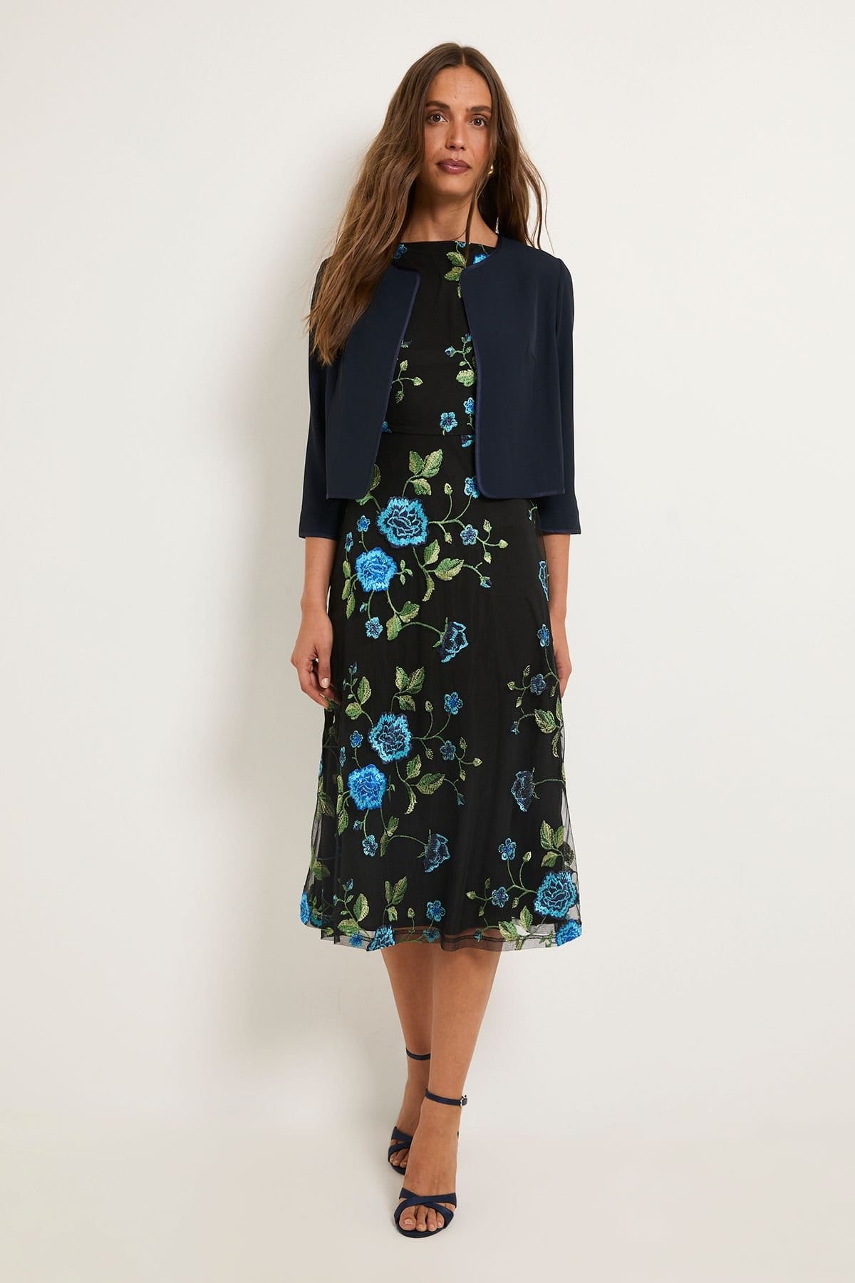 Wallis Wallis Women's Floral Embroidered Mesh Fit & Flare Midi Dress in Blue - 4