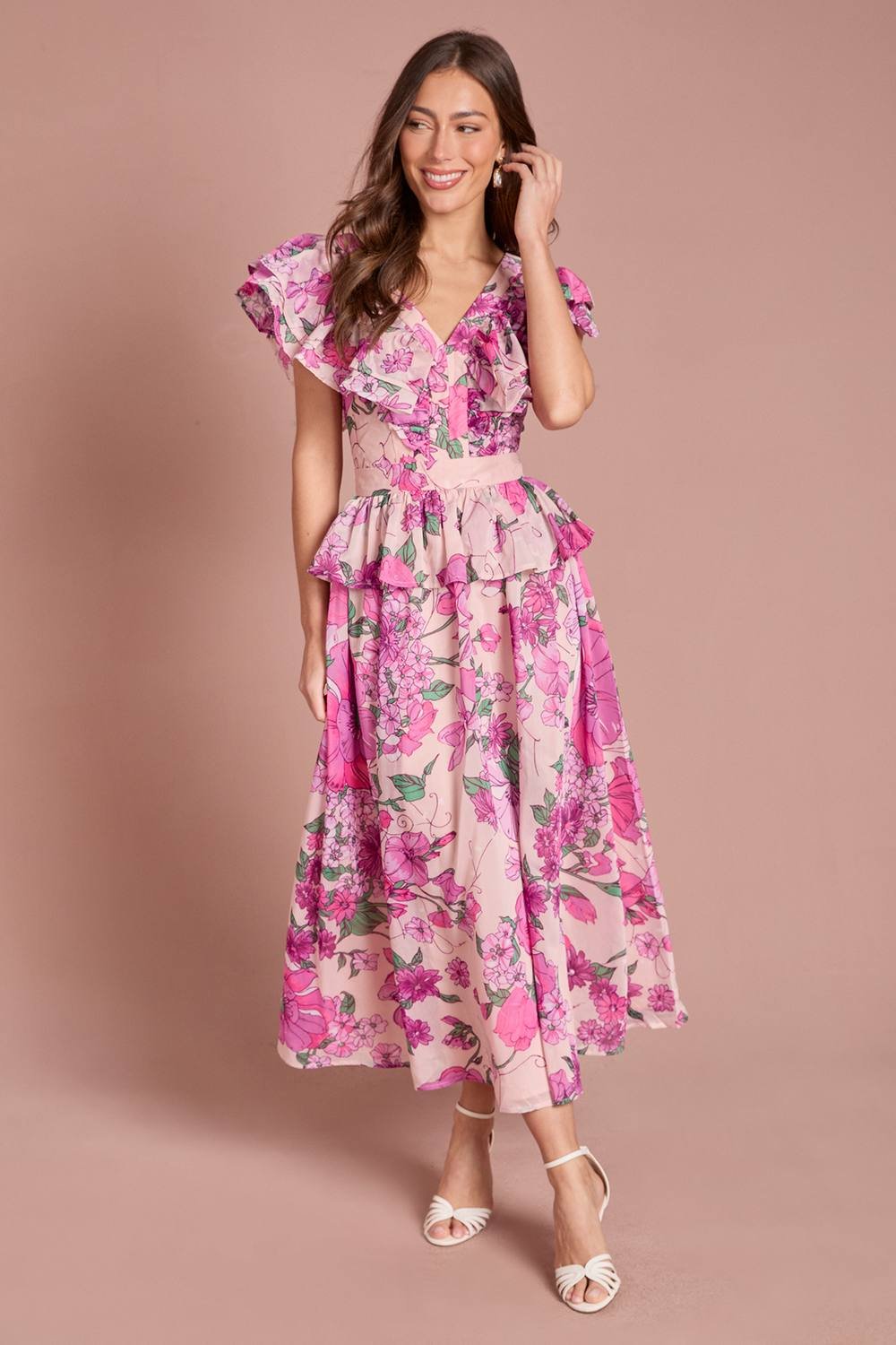 Coast Coast Women's Printed V Neck Organza Ruffle Midi Dress in Pink - 2