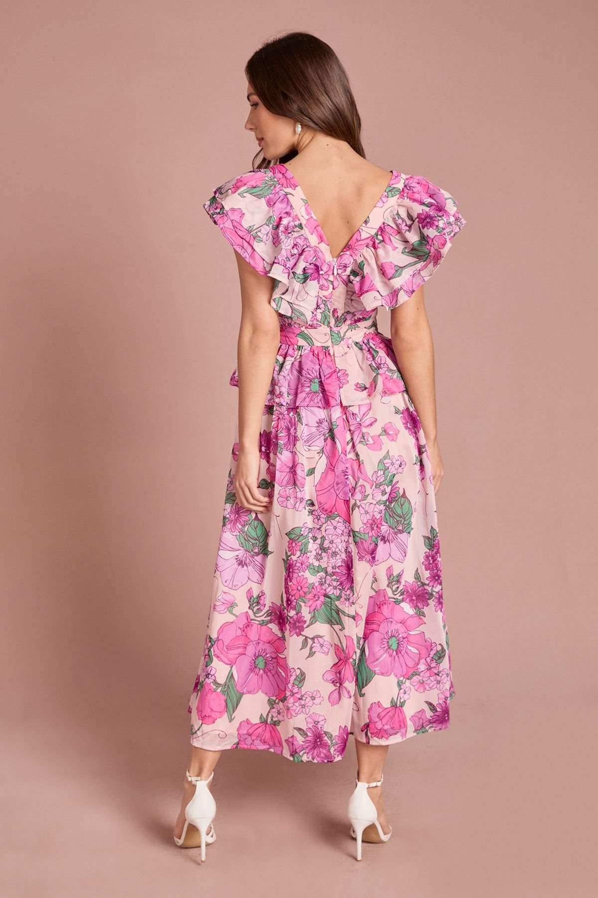 Coast Coast Women's Printed V Neck Organza Ruffle Midi Dress in Pink - 3