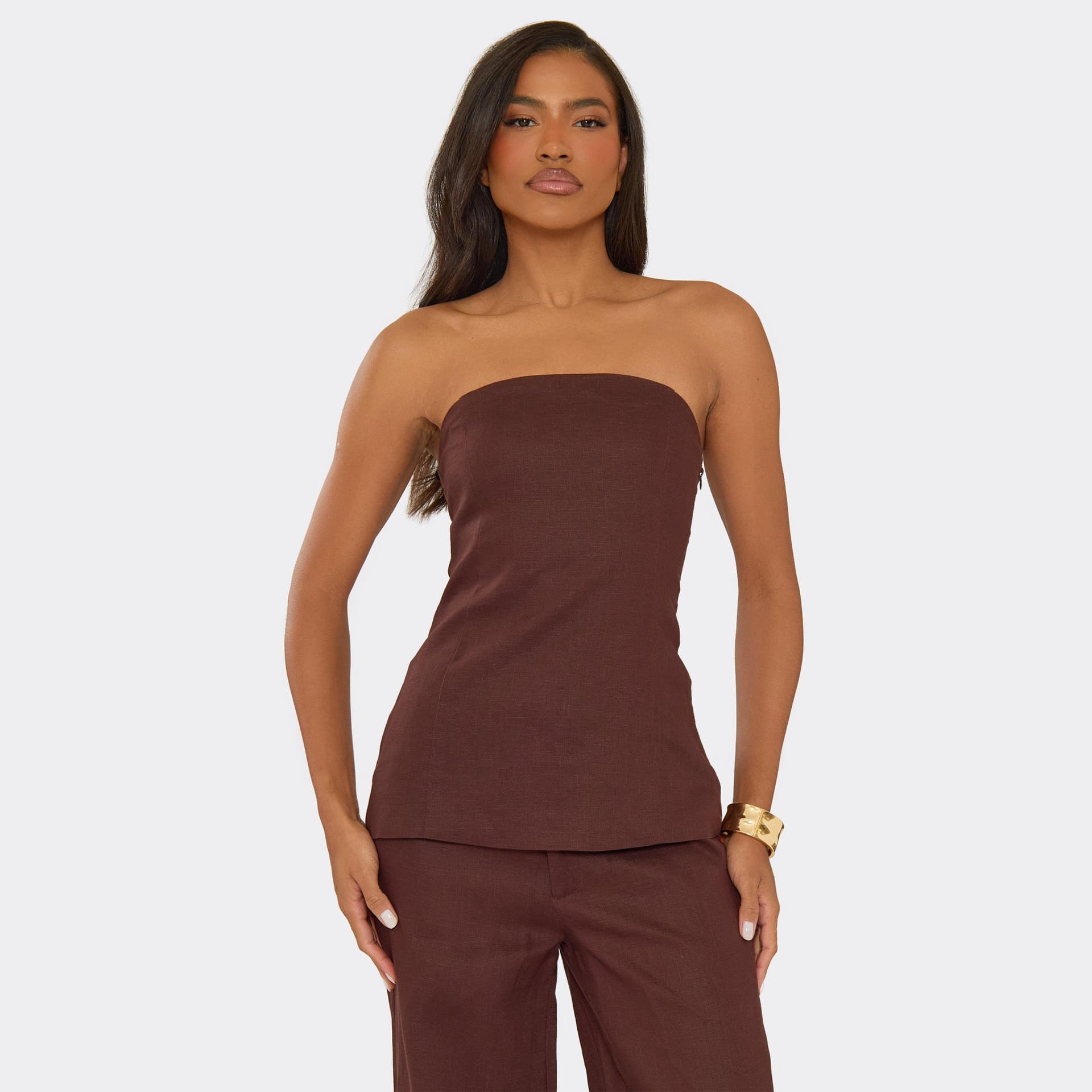 EGO Bandeau Longline Top In Chocolate Brown Linen, Women's Size UK 6