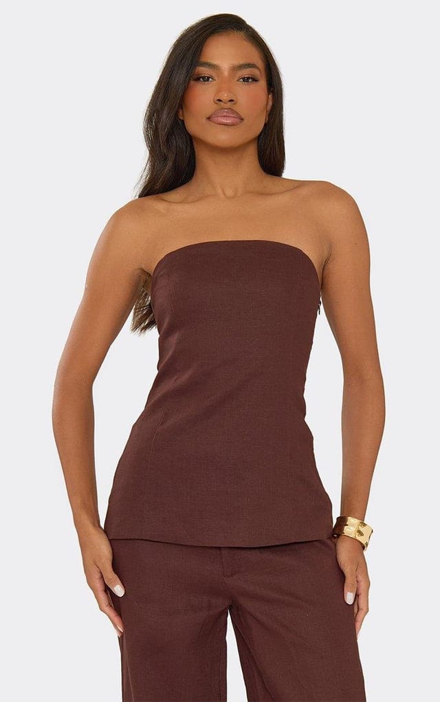 EGO Bandeau Longline Top In Chocolate Brown Linen, Women's Size UK 6 - 2