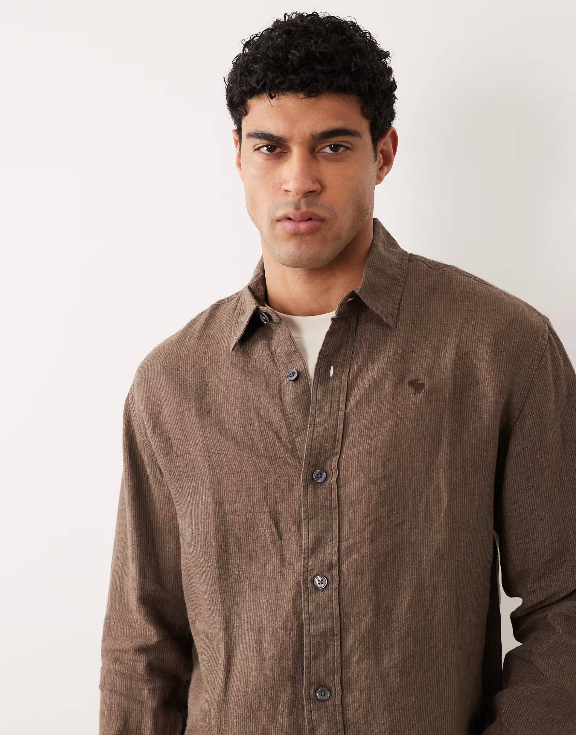 ASOS Abercrombie & Fitch 100% linen long sleeve shirt in brown fine stripe - 1