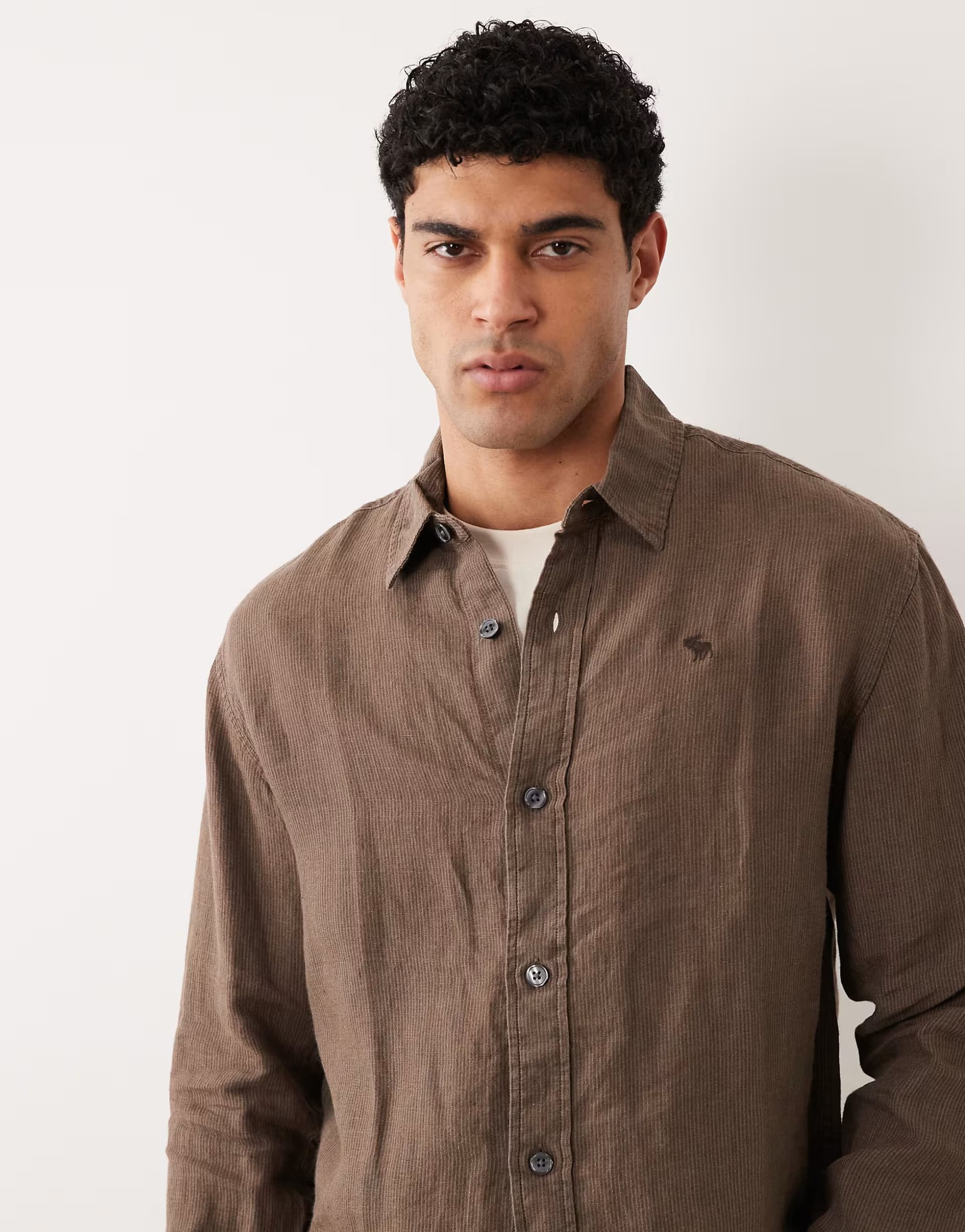 ASOS Abercrombie & Fitch 100% linen long sleeve shirt in brown fine stripe