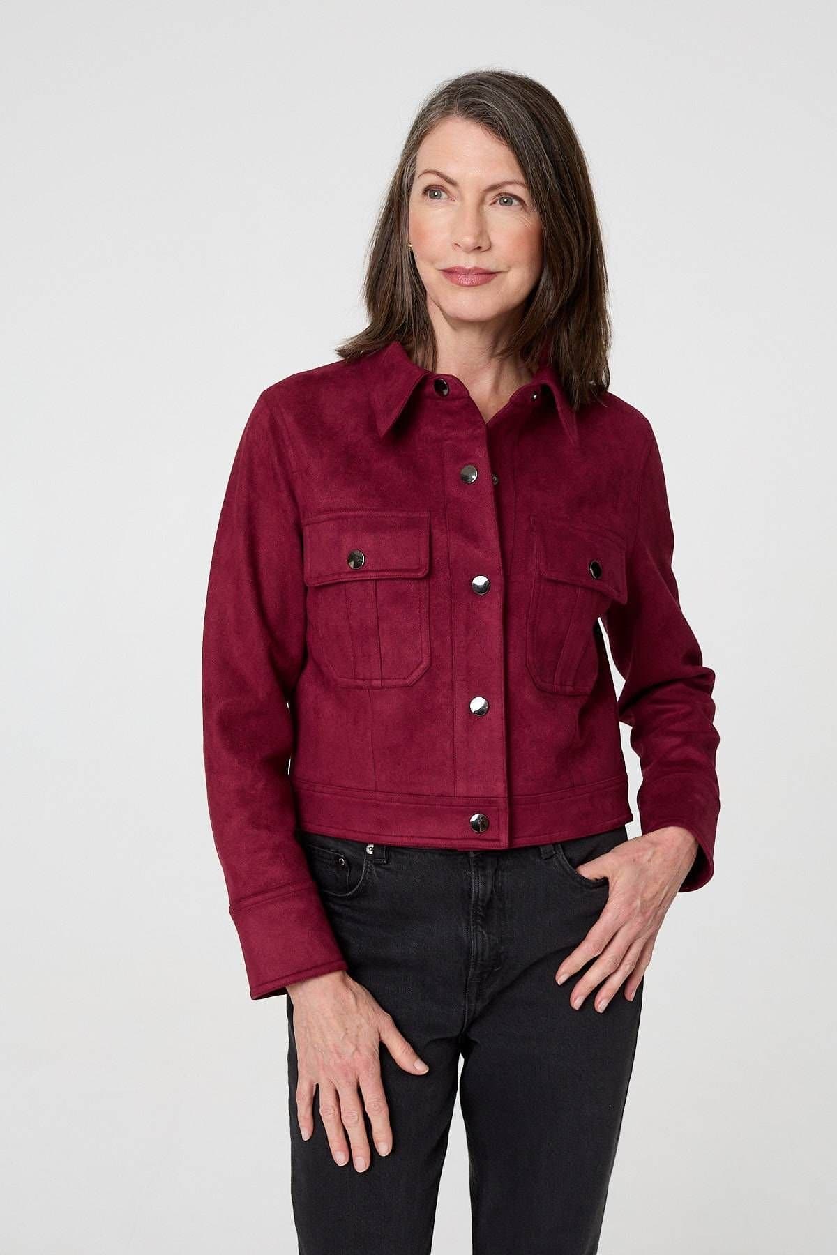 Izabel London Izabel London Women's Faux Suede Cropped Collared Jacket in Burgundy