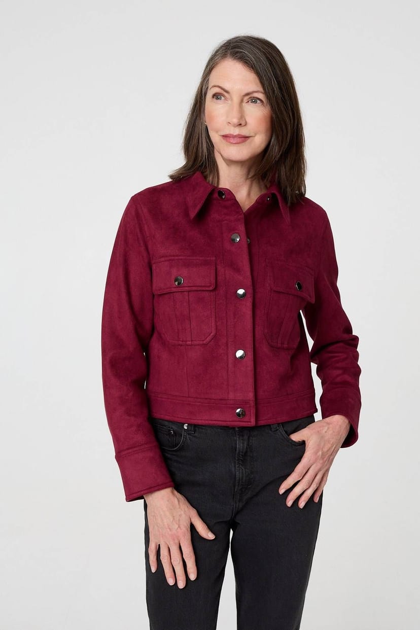 Izabel London Izabel London Women's Faux Suede Cropped Collared Jacket in Burgundy - 1