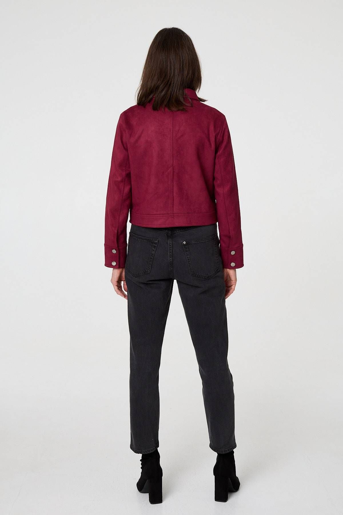 Izabel London Izabel London Women's Faux Suede Cropped Collared Jacket in Burgundy - 3