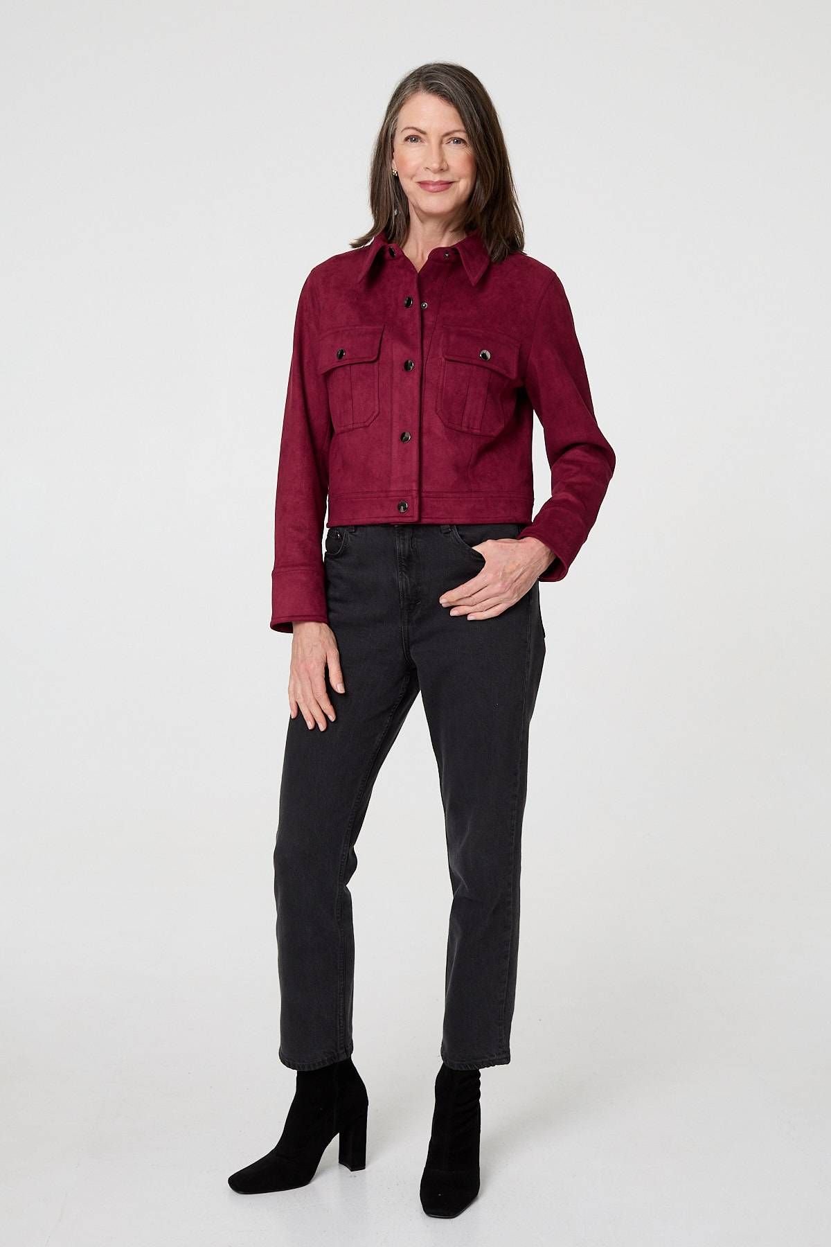 Izabel London Izabel London Women's Faux Suede Cropped Collared Jacket in Burgundy - 4