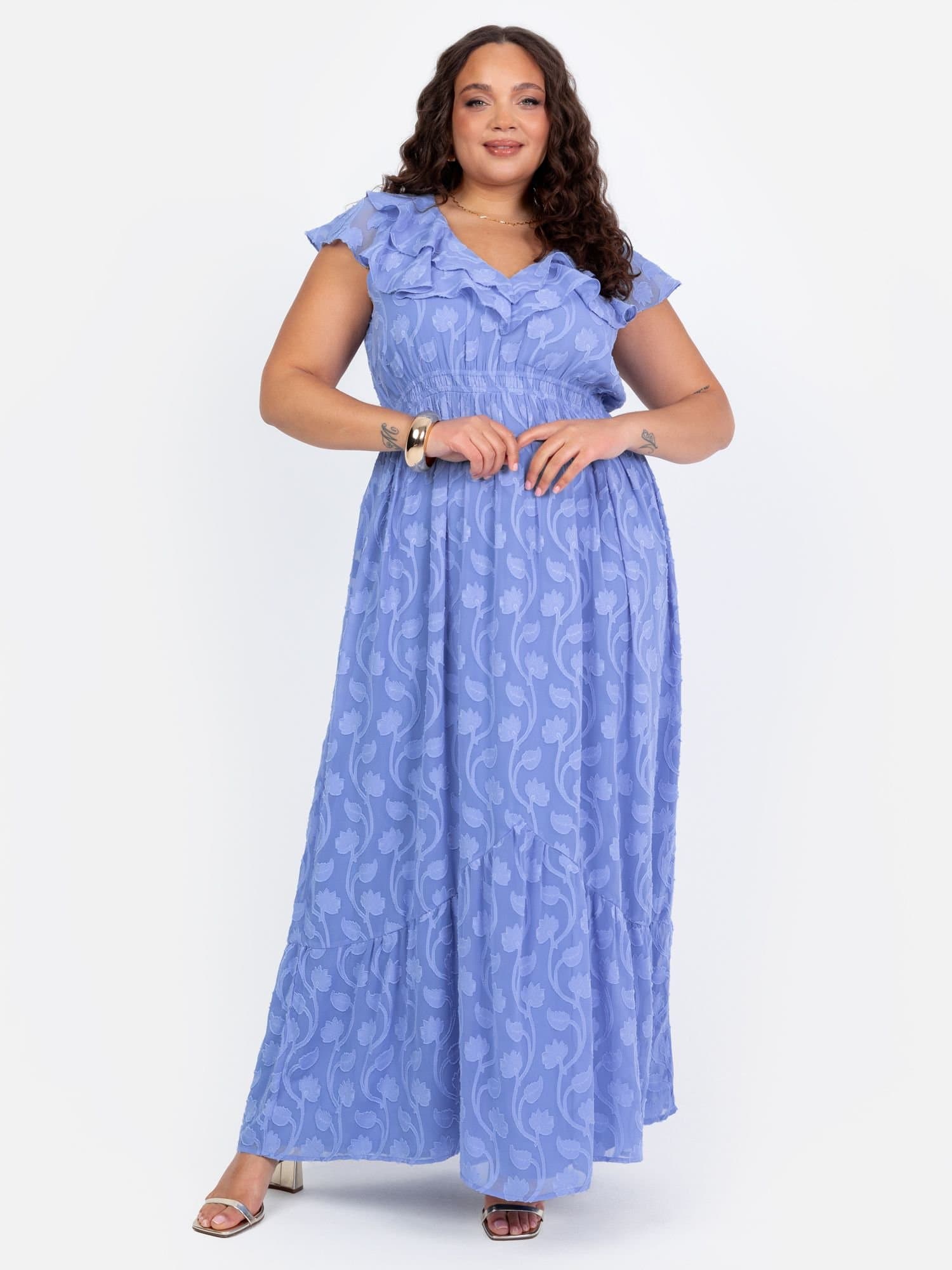 Lovedrobe Lovedrobe Women's Ruffle V Neck Floral Burn Out Maxi Dress in Blue