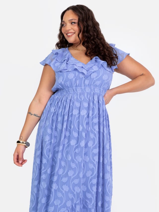 Lovedrobe Lovedrobe Women's Ruffle V Neck Floral Burn Out Maxi Dress in Blue - 2