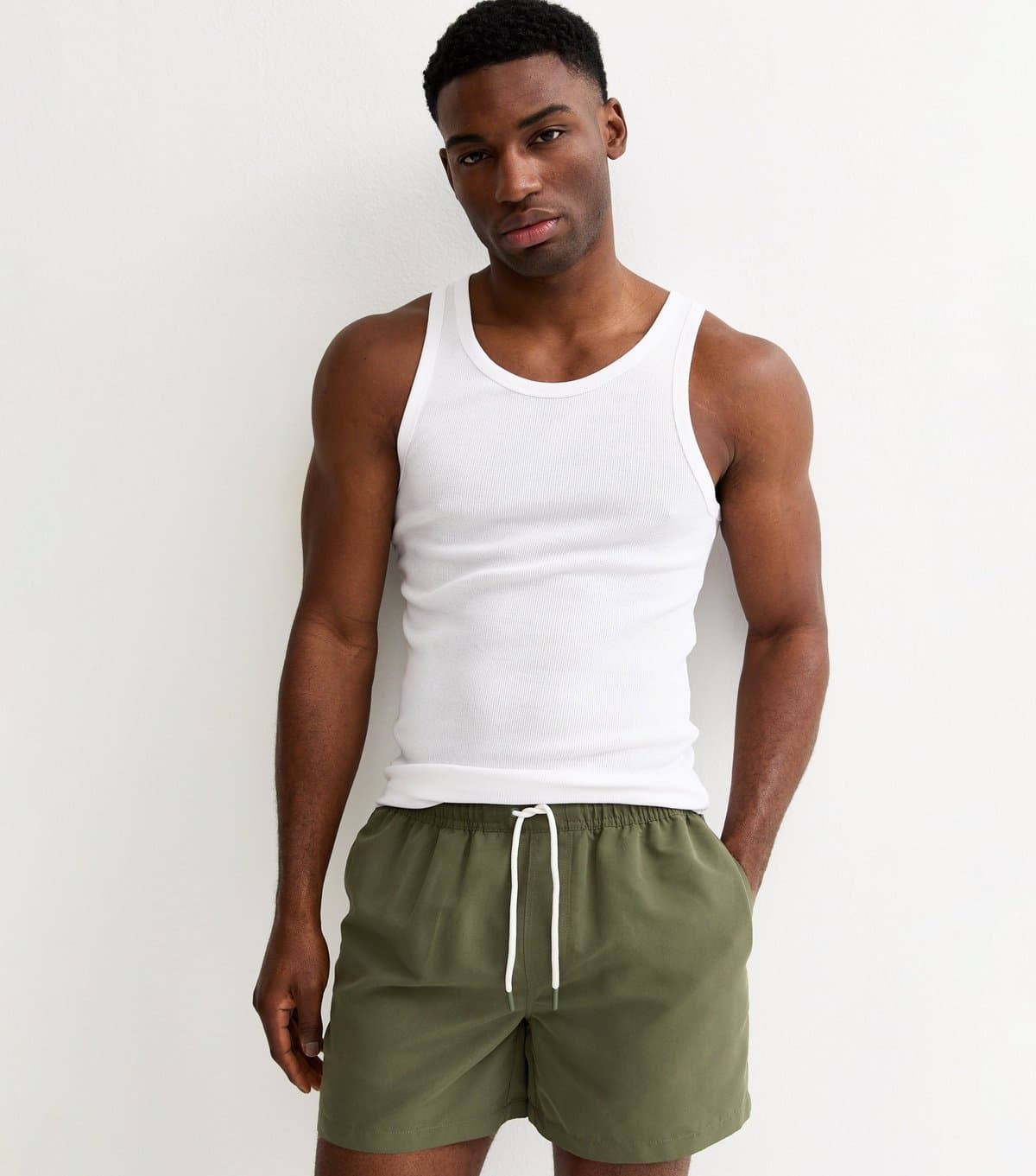 New Look Men's Dark Khaki Regular Drawstring Swim Shorts New Look