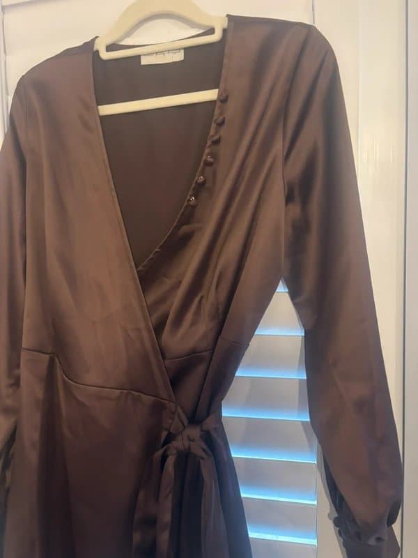 Never Fully Dressed Never fully dress chocolate brown satin wrap dress size 8