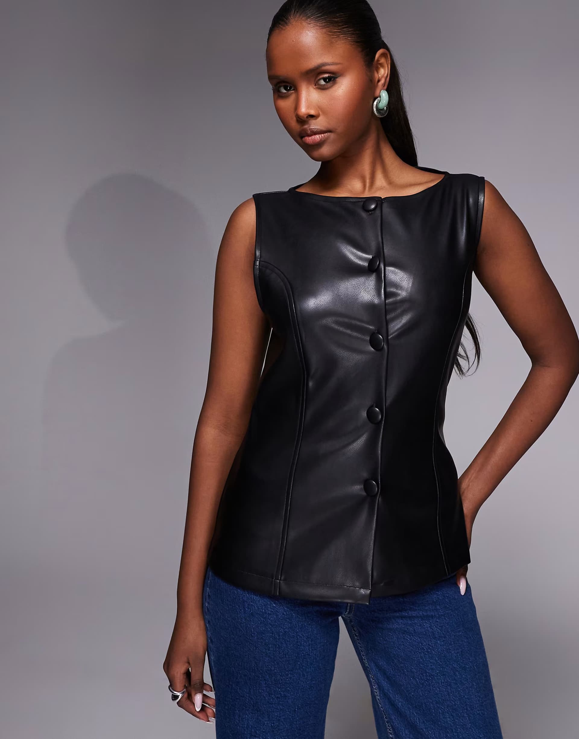 ASOS ASOS DESIGN button through sleeveless pu top in black