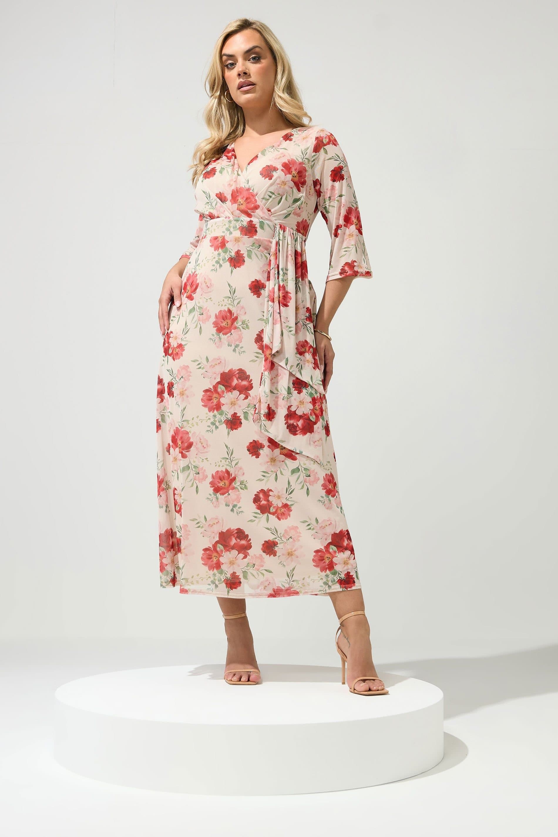 Yours Yours Women's Floral Mesh Wrap Dress in Nude