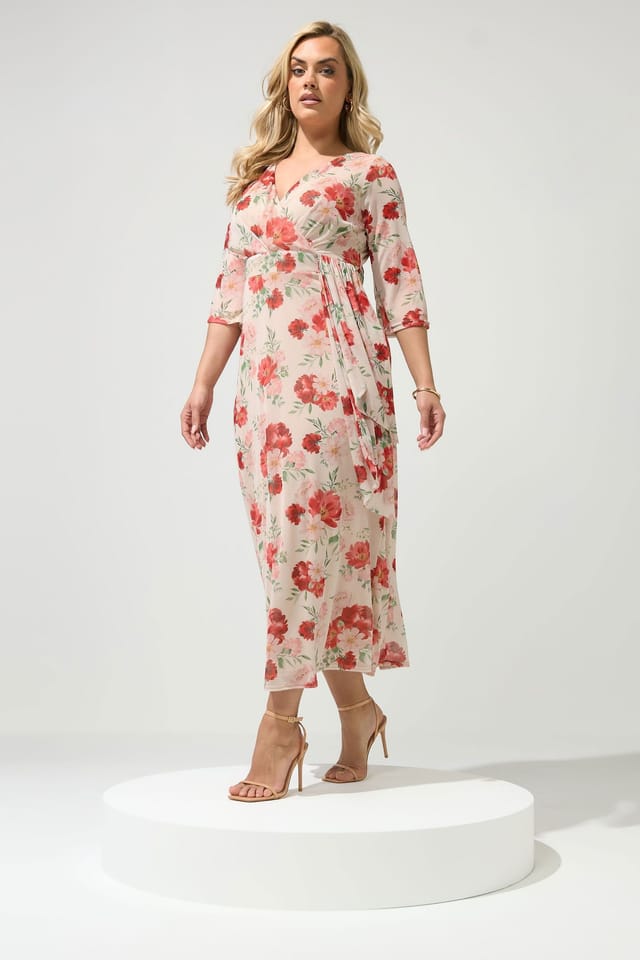 Yours Yours Women's Floral Mesh Wrap Dress in Nude - 3