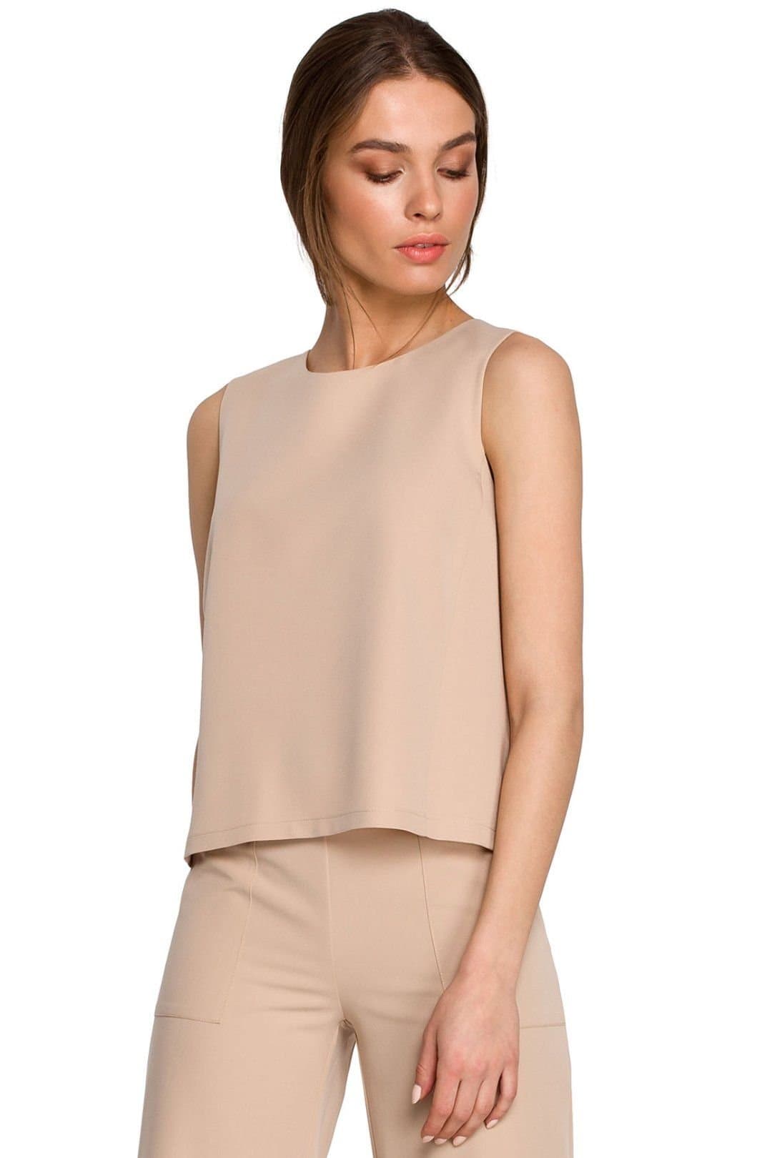 Love Lace Love Lace Women's Trapeze Short Sleeveless Blouse with Back Zipper in Beige