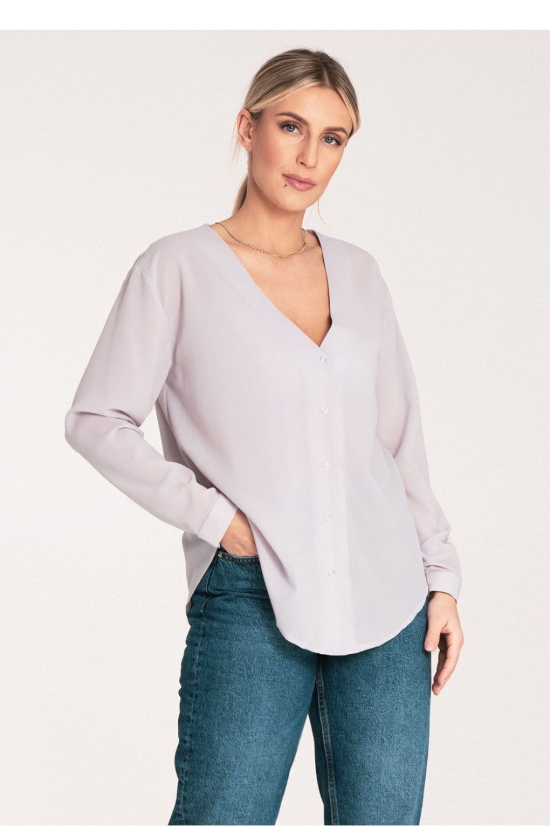 Love Lace Love Lace Women's Long Sleeve Press Stud Shirt With Cuffed Hem in Grey - 4