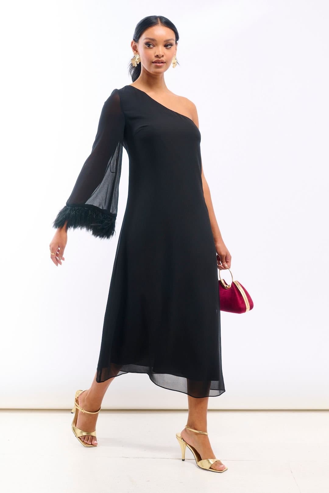 Needs No Label Needs No Label Women's Black Asymmetric Feather Cuff Dress