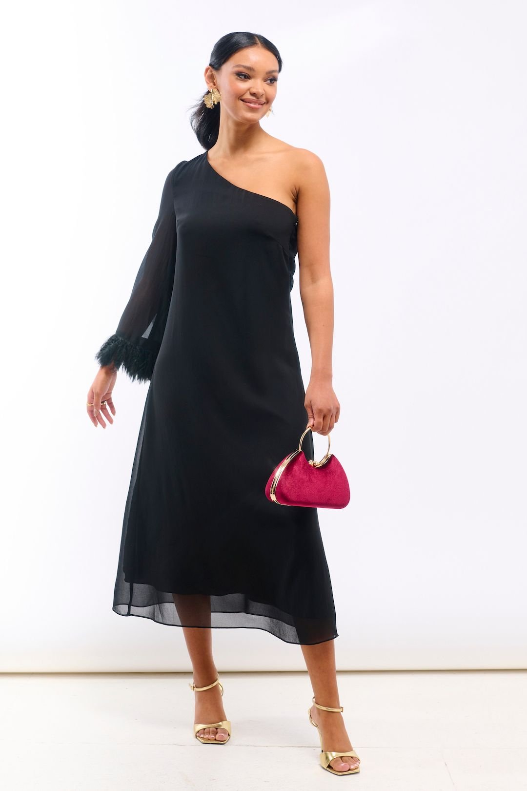 Needs No Label Needs No Label Women's Black Asymmetric Feather Cuff Dress - 2