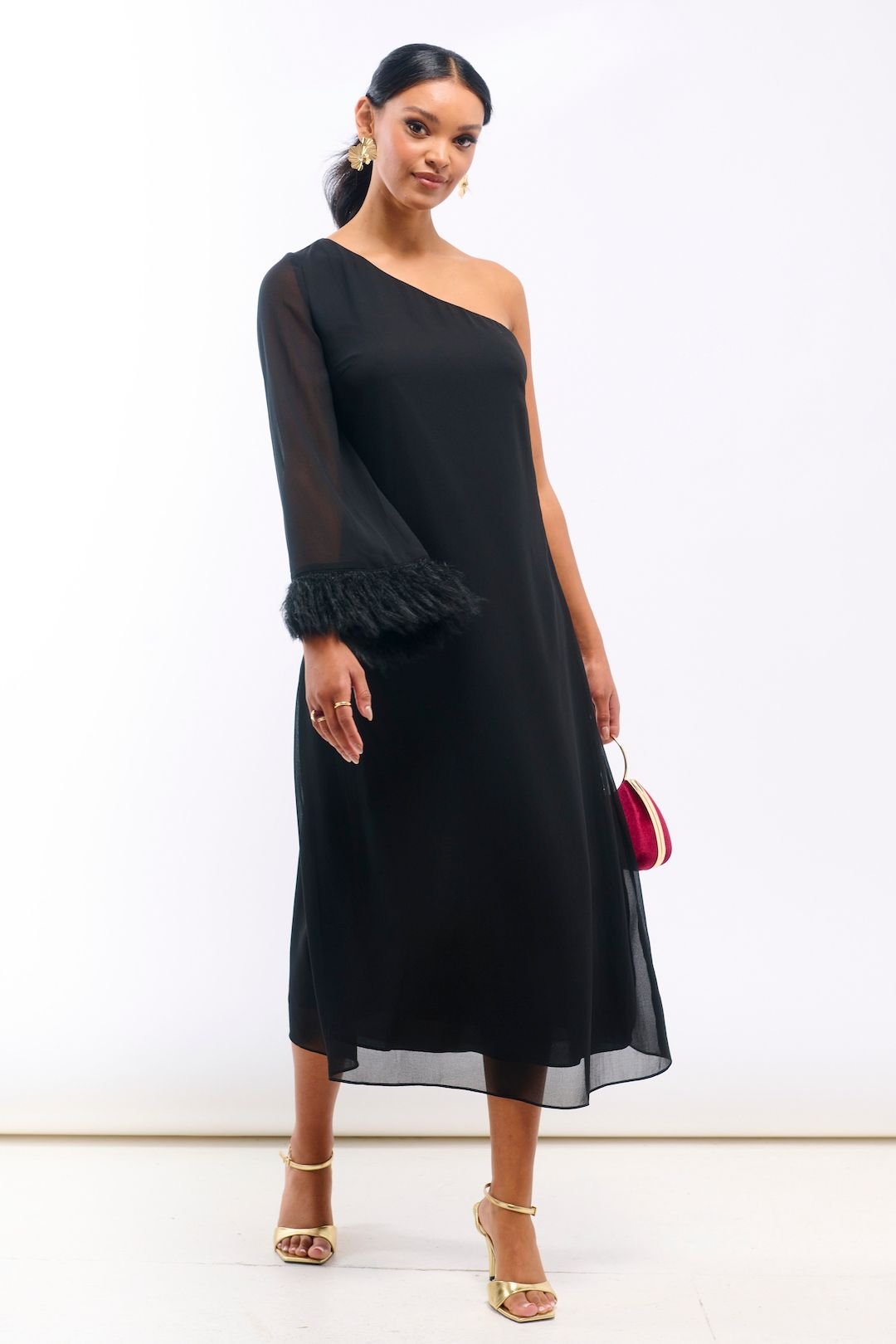 Needs No Label Needs No Label Women's Black Asymmetric Feather Cuff Dress - 3