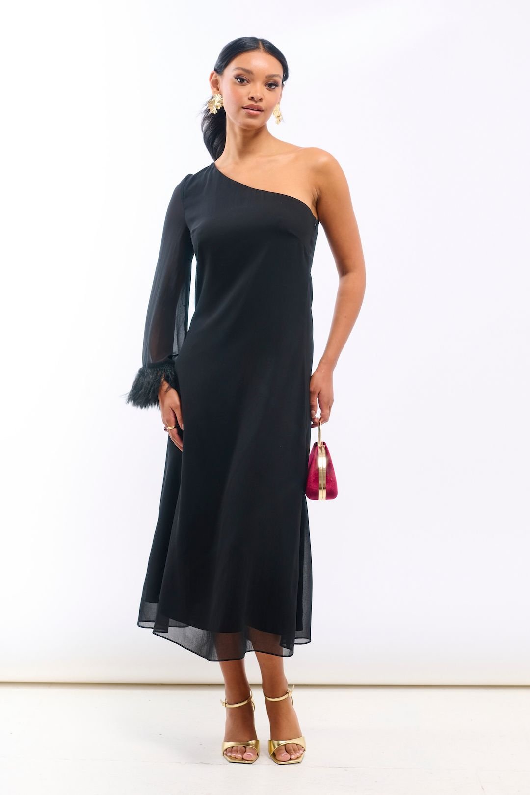 Needs No Label Needs No Label Women's Black Asymmetric Feather Cuff Dress - 4