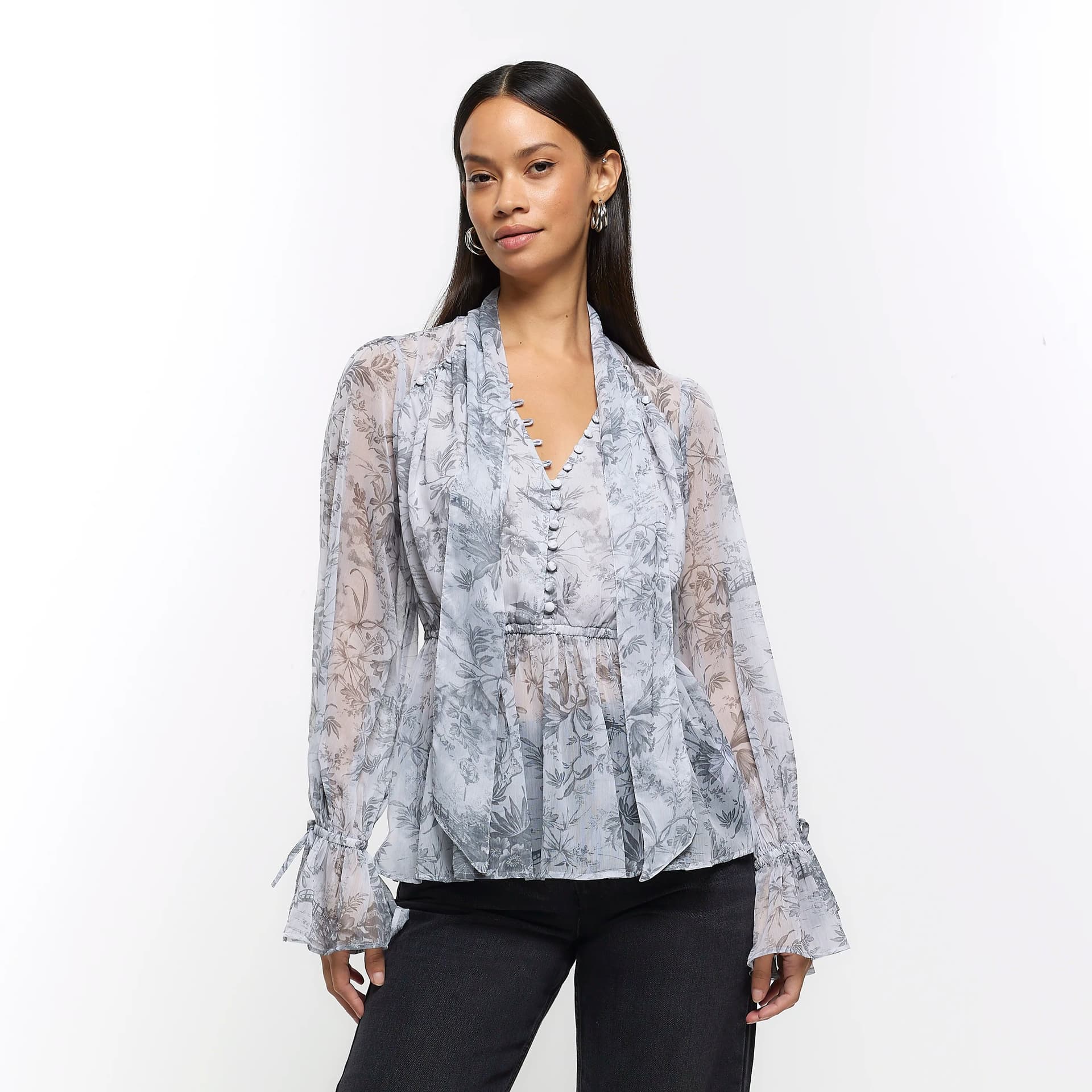 River Island River Island Womens Grey Floral Tie Neck Blouse