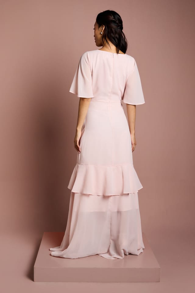 Coast Coast Women's Angel Sleeve Tiered Bridesmaid Maxi Dress in Blush - 3