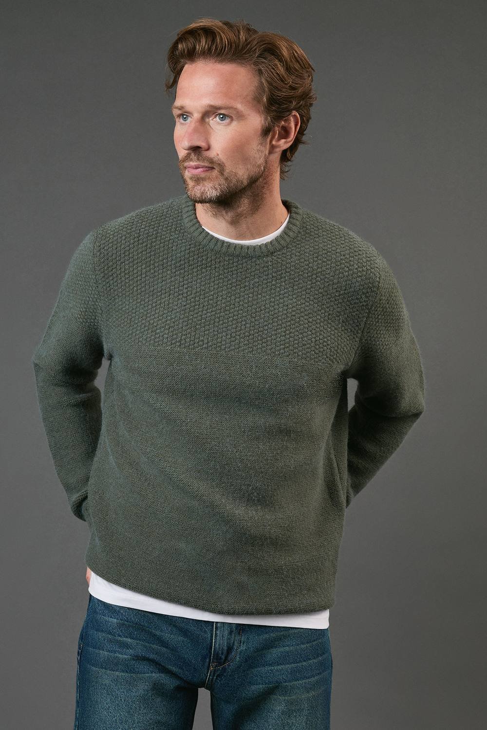 Maine Maine Men's Tuck Stitch Yoke Crew Neck Jumper in Khaki - 2