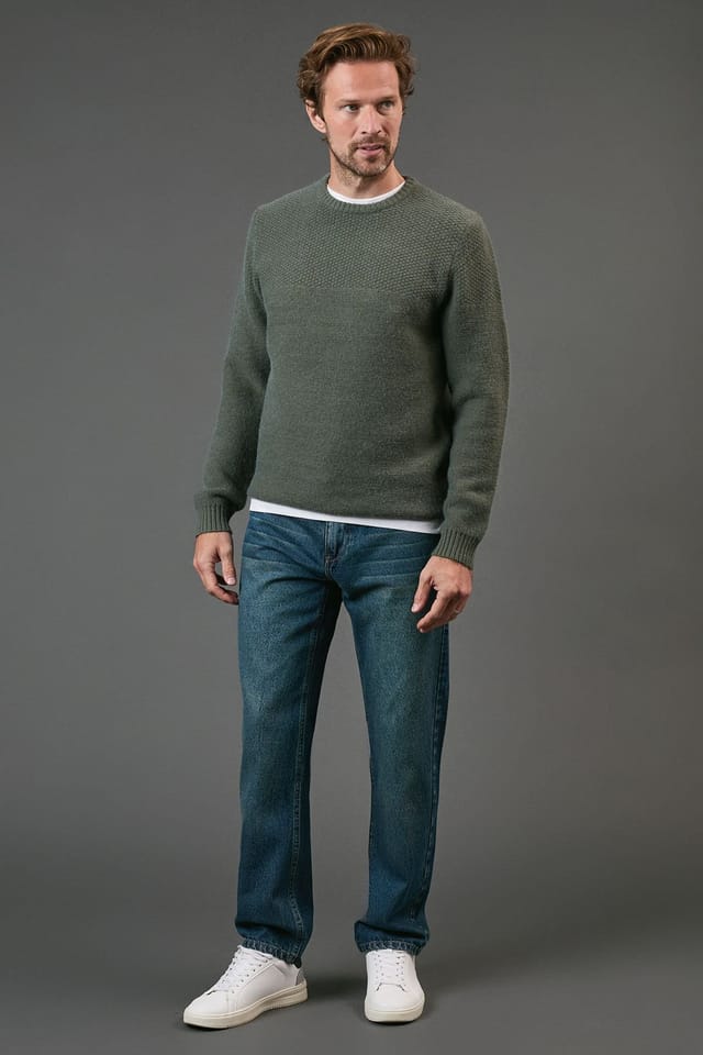 Maine Maine Men's Tuck Stitch Yoke Crew Neck Jumper in Khaki - 2