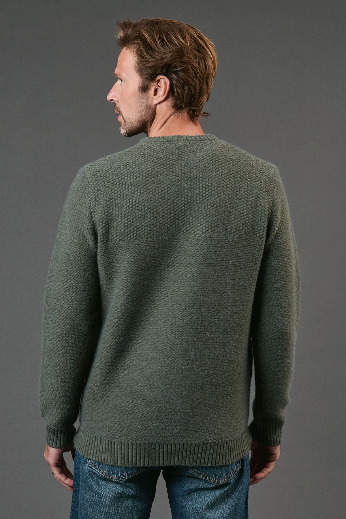 Maine Maine Men's Tuck Stitch Yoke Crew Neck Jumper in Khaki - 3