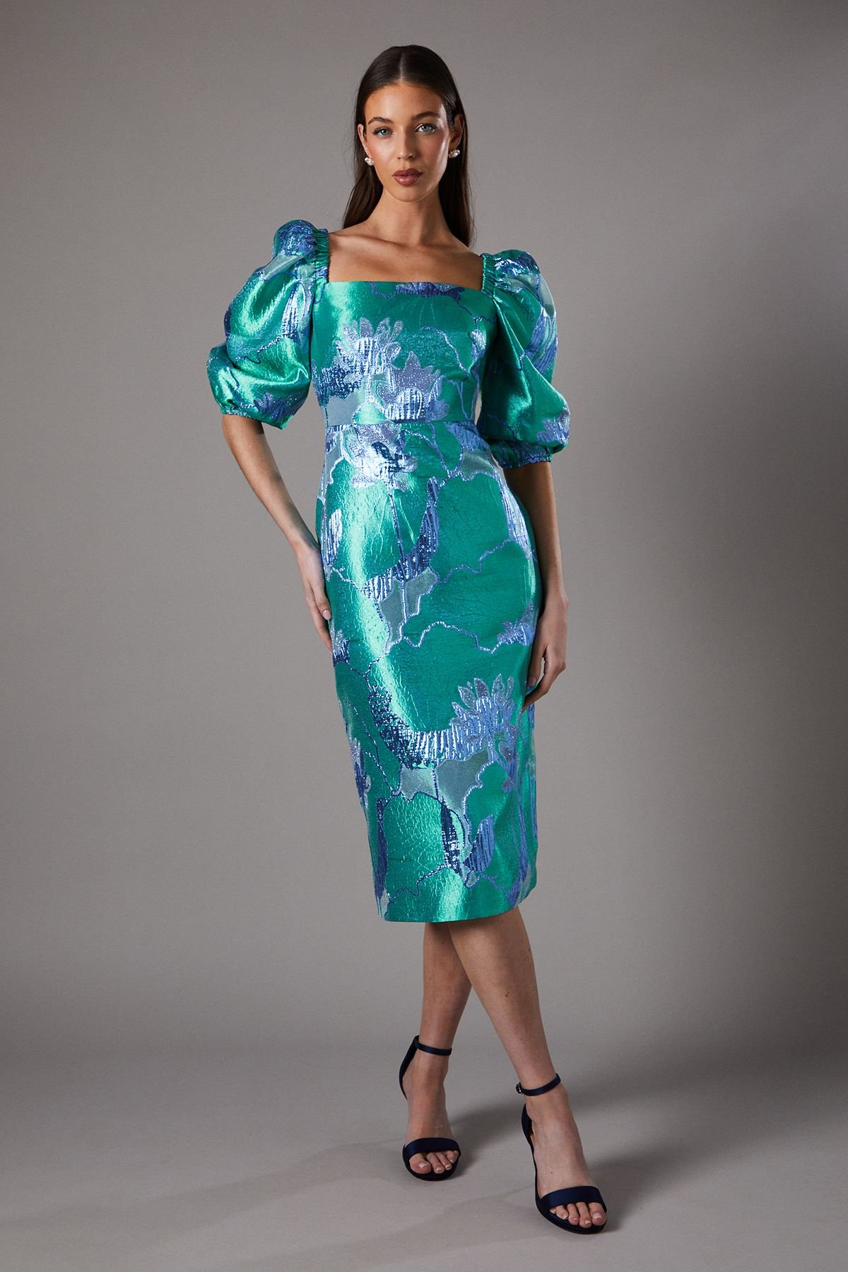 Coast Coast Women's Bubble Sleeve Jacquard Dress in Green - 2