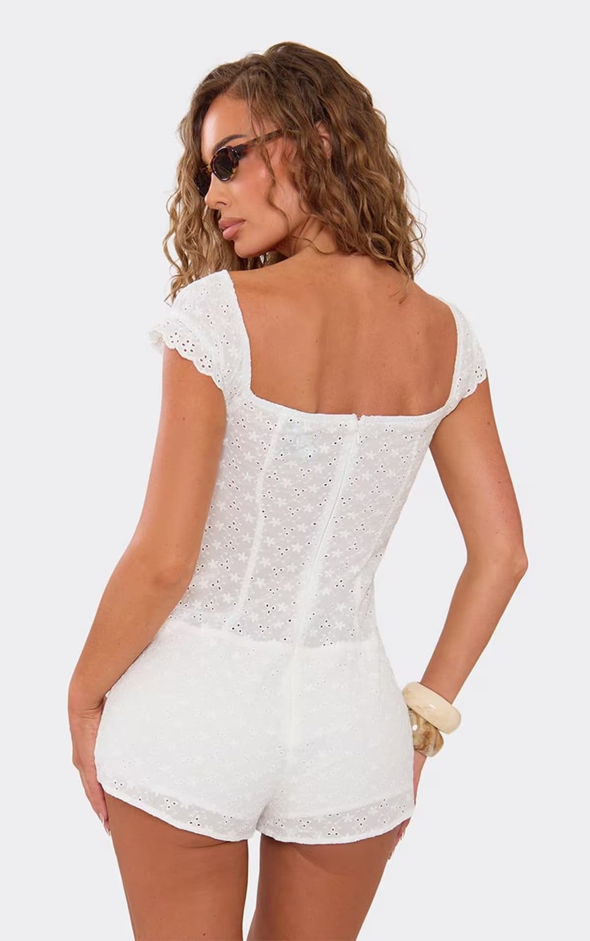 EGO Square Neck Ruched Bust Poplin Detail Playsuit In White Broderie, Women's Size UK 6 - 1
