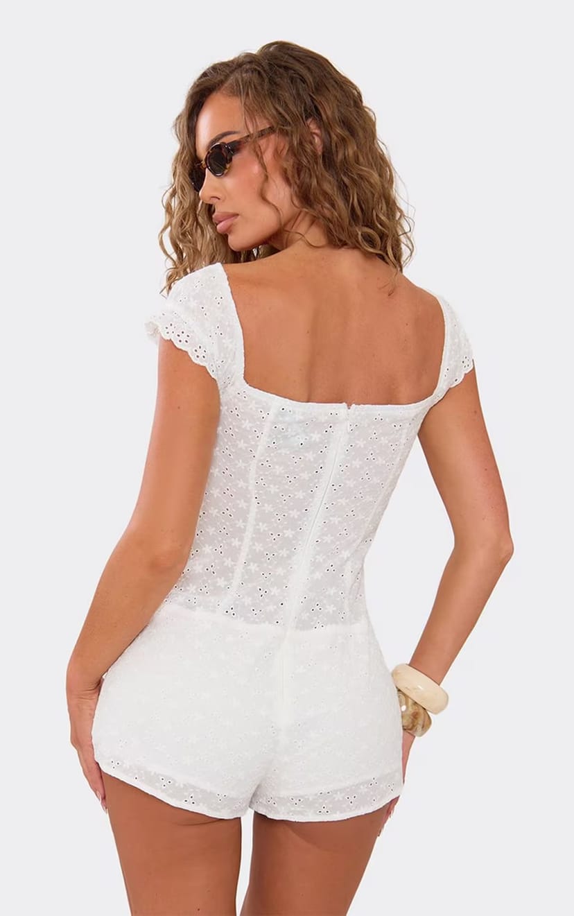 EGO Square Neck Ruched Bust Poplin Detail Playsuit In White Broderie, Women's Size UK 6 - 1